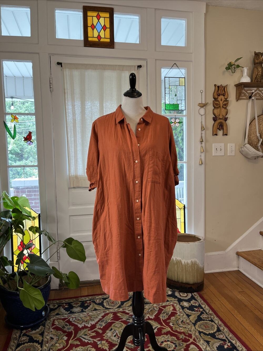 Old Navy 3X Linen Blend Short Sleeve Button Down Shirt Dress Pocket Ginger